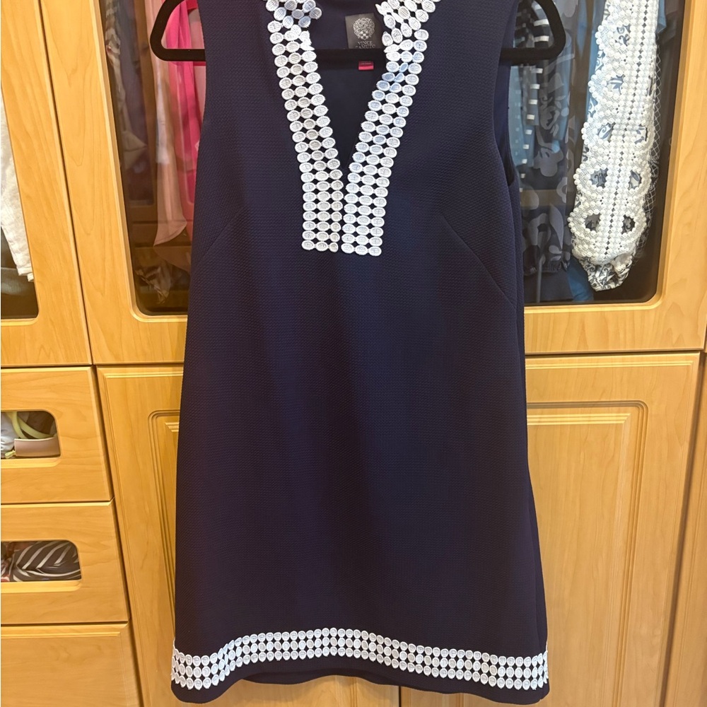 Vince Camuto Navy Shift Dress with White Embellished Trim